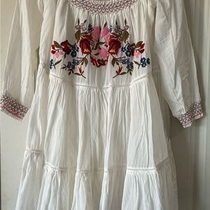 White and Pink Tiered Ruffled Sundress with Bishop Sleeves Free People